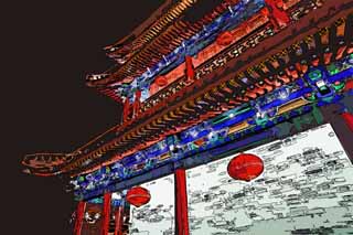 illust, materiale, libero panorama, ritratto dipinto, matita di colore disegna a pastello, disegnando,Il cancello di Einei, Chang'an, cancello di castello, mattone, Io me l'accendo