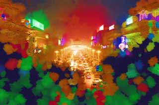 illust, materiale, libero panorama, ritratto dipinto, matita di colore disegna a pastello, disegnando,La strada principale ad una torre di campana, Chang'an, macchina, Illuminazione, vista serale