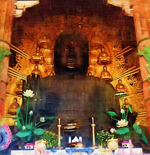illust, materiale, libero panorama, ritratto dipinto, matita di colore disegna a pastello, disegnando,Una grande statua di Budda di Nara, Bronzo, grande statua di Budda, Buddismo, Immagine buddista