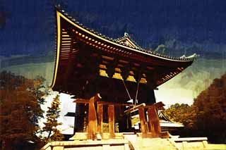 illust, material, livram, paisagem, quadro, pintura, lpis de cor, creiom, puxando,Todai-ji Templo sino torre, edifcio de madeira, O Shogen era ano, sino de templo, torre de sino