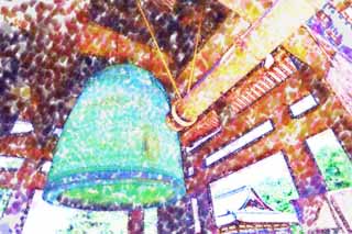 Illust, materieel, vrij, landschap, schilderstuk, schilderstuk, kleuren potlood, crayon, werkje,Todai-ji Tempel tempel klokje, Van hout gebouw, De Shogen tijdperk jaar, Tempel klokje, Klokje toren