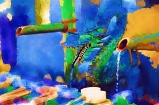 illust, materiale, libero panorama, ritratto dipinto, matita di colore disegna a pastello, disegnando,Il dragone di Nigatsu-faccia Hall, Mano-lavando, mestolo, Io lo pulisco, statua di bronzo blu