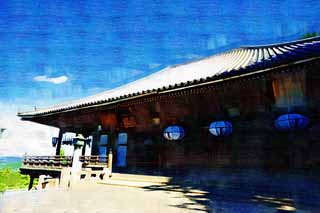 illustration,material,free,landscape,picture,painting,color pencil,crayon,drawing,Nigatsu-do Hall, lantern, wooden building, Eaves, The water-drawing ceremony