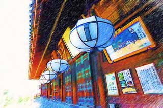 illust, materiale, libero panorama, ritratto dipinto, matita di colore disegna a pastello, disegnando,Nigatsu-faccia Hall, lanterna, edificio di legno, Grondaia, La cerimonia di acqua-disegno