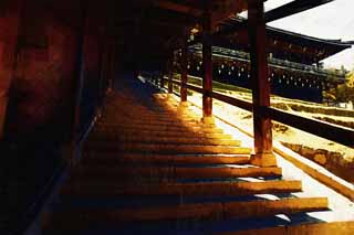 illust, material, livram, paisagem, quadro, pintura, lpis de cor, creiom, puxando,A escada de pedra de Nigatsu-faa Hall, apedreje escada, pilar, telhado, Escadarias