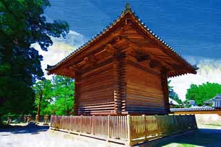 illust, materiale, libero panorama, ritratto dipinto, matita di colore disegna a pastello, disegnando,Passaggi di Tempio di Todai-ji; il deposito di, Architettura di tronco quadrata, edificio di legno, Grondaia, tetto