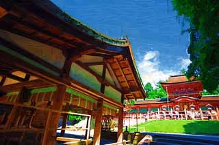 illust, matire, libre, paysage, image, le tableau, crayon de la couleur, colorie, en tirant,Kasuga Taisha temple, Shintosme, Temple shintoste, Je suis peint en rouge, toit