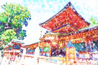 Illust, materieel, vrij, landschap, schilderstuk, schilderstuk, kleuren potlood, crayon, werkje,Kasuga Taisha Shrine, Shinto, Shinto heiligdom, Ik word in rood geschilderd, Dak