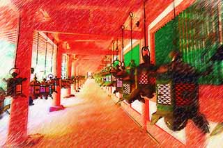 illust,tela,gratis,paisaje,fotografa,idea,pintura,Lpiz de color,dibujo,Kasuga Taisha corredor del santuario, Shinto, Santuario sintosta, Soy pintado de rojo, Linterna de jardn