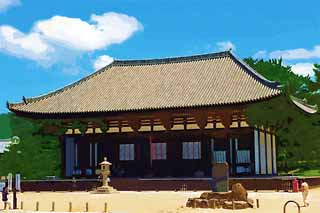 illust, material, livram, paisagem, quadro, pintura, lpis de cor, creiom, puxando,Templo de Kofuku-ji templo de Togane, Budismo, edifcio de madeira, telhado, herana mundial