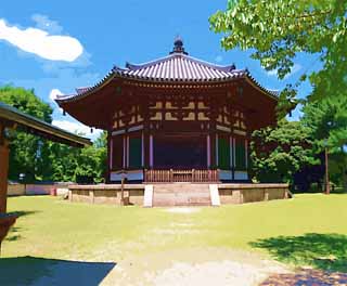 illust, materiale, libero panorama, ritratto dipinto, matita di colore disegna a pastello, disegnando,Nord di Tempio di Kofuku-ji edificio esagonale il tempio di Togane, Buddismo, edificio di legno, tetto, eredit di mondo