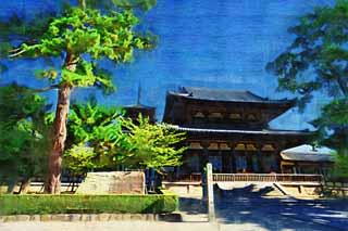Illust, materieel, vrij, landschap, schilderstuk, schilderstuk, kleuren potlood, crayon, werkje,Horyu-ji Tempel, Boeddhisme, Poort gebouwde tussen de hoofdschuif en het belangrijkste huis van de paleis-in model knipte architectuur in de Fujiwara tijdvak, Vijf Storeyed Pagoda, Boeddhist afbeelding