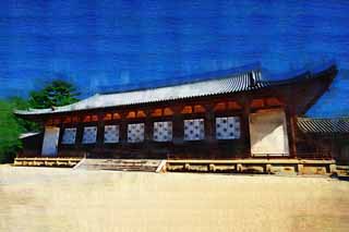 illust, materiale, libero panorama, ritratto dipinto, matita di colore disegna a pastello, disegnando,Tempio di Horyu-ji la grande sala, Buddismo, grande sala, edificio di legno, noren