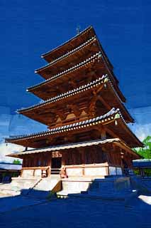 Illust, materieel, vrij, landschap, schilderstuk, schilderstuk, kleuren potlood, crayon, werkje,Horyu-ji Temple Five Storeyed Pagoda, Boeddhisme, Vijf Storeyed Pagoda, Van hout gebouw, Blauwe lucht