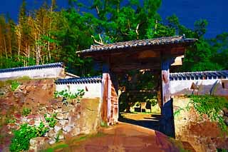 illustration,material,free,landscape,picture,painting,color pencil,crayon,drawing,Fukue Castle castle gate, Ishigaki, castle gate, door, wall