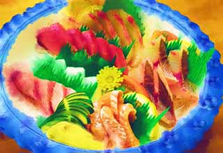 illust, materiell, befreit, Landschaft, Bild, Gemlde, Farbbleistift, Wachsmalstift, Zeichnung,,Ein Helfen von verschiedenen Arten vom Geschirr des sashimi, Fisch richtet an, Ich steche Sie und diene ihm, Sashimi, 