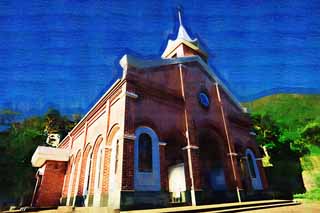 illustration,material,free,landscape,picture,painting,color pencil,crayon,drawing,Imochiura Church Lourdes, It is built of brick, Christianity, cross, blue sky
