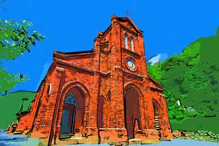 illustration,material,free,landscape,picture,painting,color pencil,crayon,drawing,Dozaki Lord of Heaven temple, It is built of brick, Christianity, cross, blue sky
