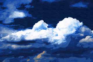 Illust, materieel, vrij, landschap, schilderstuk, schilderstuk, kleuren potlood, crayon, werkje,Een wolk van de zomer, Blauwe lucht, Thunderhead, In de zomer, Zonnelicht