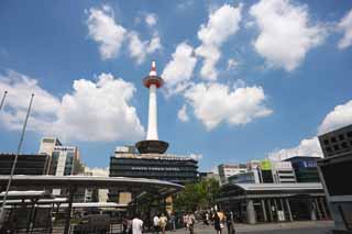 photo,material,free,landscape,picture,stock photo,Creative Commons,The Kyoto station square, blue sky, bus terminal, Kyoto Tower, cloud