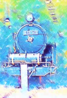 illust, materiell, befreit, Landschaft, Bild, Gemlde, Farbbleistift, Wachsmalstift, Zeichnung,,Eine Dampflokomotive, dnsten Sie Lokomotive, Zug, das Fahren von Rad, Kohle