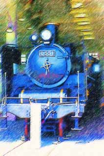 illustration,material,free,landscape,picture,painting,color pencil,crayon,drawing,A steam locomotive, steam locomotive, train, driving wheel, Coal
