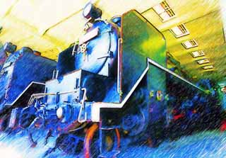 illust, materiale, libero panorama, ritratto dipinto, matita di colore disegna a pastello, disegnando,Una locomotiva di vapore, vaporizzi locomotiva, treno, ruota che guida, Carbone