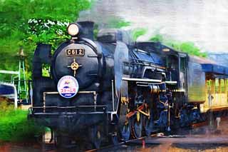 illust, matire, libre, paysage, image, le tableau, crayon de la couleur, colorie, en tirant,La fume noire de la vapeur locomotif, vapeur locomotif, train, roue motrice, Charbon