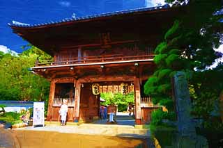 illust, materiale, libero panorama, ritratto dipinto, matita di colore disegna a pastello, disegnando,Un tempio di montagna sacro il cancello di Deva, Mikado, Buddismo, tempio, edificio di legno