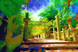 Illust, materieel, vrij, landschap, schilderstuk, schilderstuk, kleuren potlood, crayon, werkje,Kompira-san Heiligdom benadering naar een heiligdom, Shinto heiligdom Boeddhist tempel, Torii, Stenige trap, Shinto