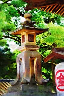 Illust, materieel, vrij, landschap, schilderstuk, schilderstuk, kleuren potlood, crayon, werkje,Kompira-san Heiligdom stenige lantaarn, Shinto heiligdom Boeddhist tempel, Bedrijf, Tuinier lantaarn, Shinto