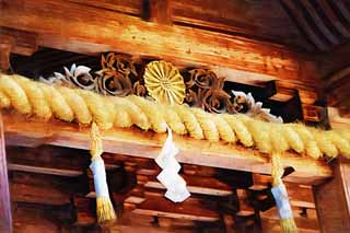 illustration,material,free,landscape,picture,painting,color pencil,crayon,drawing,Kompira-san Shrine Hongu decoration, Shinto shrine Buddhist temple, chrysanthemum, wooden building, Shinto