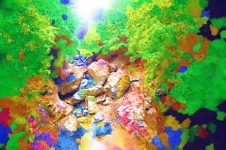 illust, materiale, libero panorama, ritratto dipinto, matita di colore disegna a pastello, disegnando,Ravina piovosa, pietra enorme, fiume, foresta, Ravina