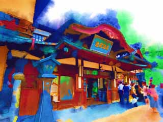 illust, materiale, libero panorama, ritratto dipinto, matita di colore disegna a pastello, disegnando,Dogo Onsen, stabilimento balneare, tetto, nascondiglio di bamb, yukata