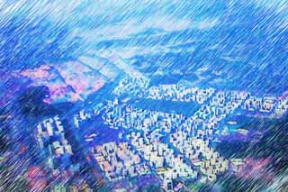 illust, materiale, libero panorama, ritratto dipinto, matita di colore disegna a pastello, disegnando,Gruppo di appartamento di Seoul, costruendo, Una fotografia aerea, albergando complesso, casa