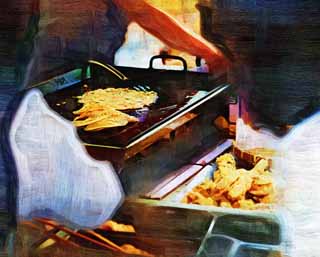 illustration,material,free,landscape,picture,painting,color pencil,crayon,drawing,A stand of Chijimi, Okonomiyaki, Tempura, , Oden