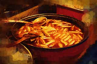 illustration,material,free,landscape,picture,painting,color pencil,crayon,drawing,Toppokki, Tteok, Common people cooking, Salty bean paste, Shin Dan Don