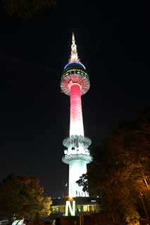 fotografia, materiale, libero il panorama, dipinga, fotografia di scorta,N Seoul la torre, Una torre di onda elettrica, N Seoul la torre, vista serale, Rosso