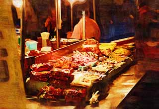 illustration,material,free,landscape,picture,painting,color pencil,crayon,drawing,A night stand, stand, Spit-roasting, Meat, Kimchi