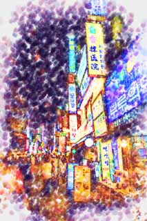 illustration,material,free,landscape,picture,painting,color pencil,crayon,drawing,Row of houses along a city street of Myondong, Neon, drugstore, restaurant, street