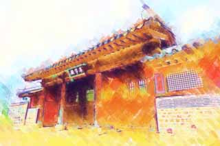 illustration,material,free,landscape,picture,painting,color pencil,crayon,drawing,It is Mikado outside sinter Yasushi, I am superabundant, Hwaseong Fortress, wooden building, world heritage