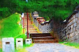 illust, material, livram, paisagem, quadro, pintura, lpis de cor, creiom, puxando,A parede de castelo de Fortaleza de Hwaseong, castelo, apedreje pavimento, azulejo, parede de castelo