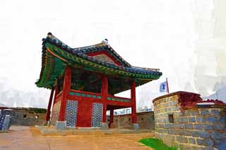 illust, matire, libre, paysage, image, le tableau, crayon de la couleur, colorie, en tirant,La tour de coin nord-ouest de Forteresse Hwaseong, chteau, chausse de pierre, carreau, mur de chteau