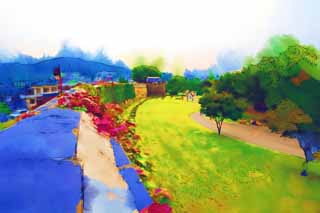 illust, materiale, libero panorama, ritratto dipinto, matita di colore disegna a pastello, disegnando,Kitanishi spara torre di Fortezza di Hwaseong, castello, prenda a sassate pavimentazione, tegola, muro di castello