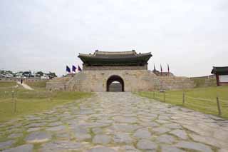 Foto, materieel, vrij, landschap, schilderstuk, bevoorraden foto,Changryong-poort, Kasteel, Vlag, Baksteen, Kasteel muur