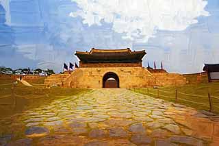 illustration,material,free,landscape,picture,painting,color pencil,crayon,drawing,ChangRyong-gate, castle, flag, brick, castle wall