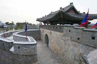 Foto, materiell, befreit, Landschaft, Bild, hat Foto auf Lager,Changryong-poort, Burg, Fahne, Backstein, Burgmauer