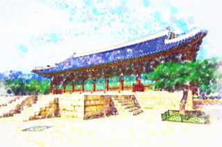 Illust, materieel, vrij, landschap, schilderstuk, schilderstuk, kleuren potlood, crayon, werkje,Osamu Sei van Kyng-bokkung, Van hout gebouw, Wereld heritage, Confucianism, De Hangul Alphabet