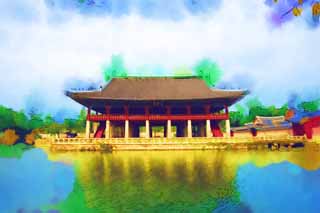 Illust, materieel, vrij, landschap, schilderstuk, schilderstuk, kleuren potlood, crayon, werkje,Gyeonghoeruof Kyng-bokkung, Van hout gebouw, Wereld heritage, Confucianism, Bill