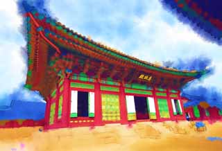 illustration,material,free,landscape,picture,painting,color pencil,crayon,drawing,Sajeongjeonof Kyng-bokkung, wooden building, world heritage, Confucianism, Many parcels style